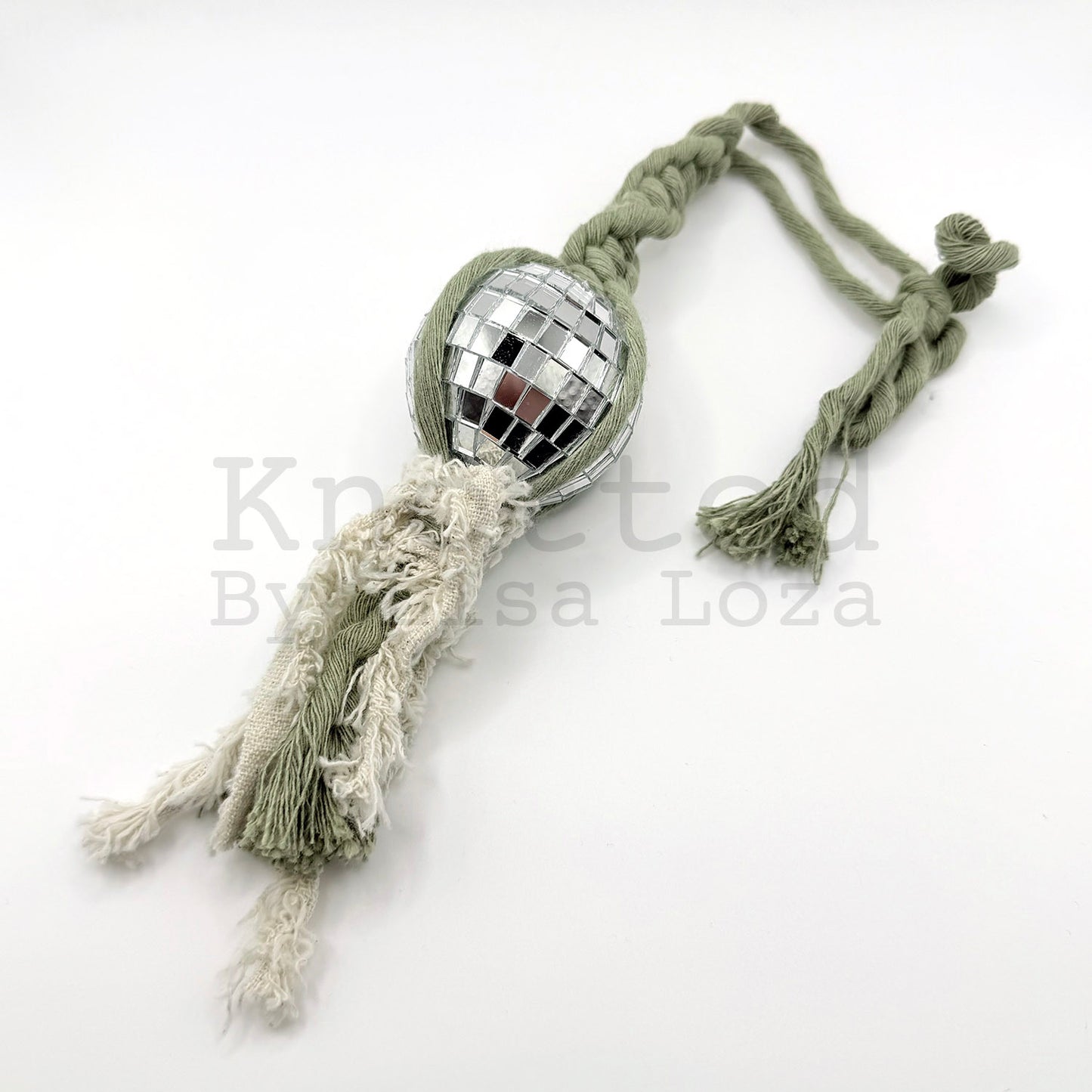 Sage and white macramé disco ball car charm by Knotted by Lisa Loza