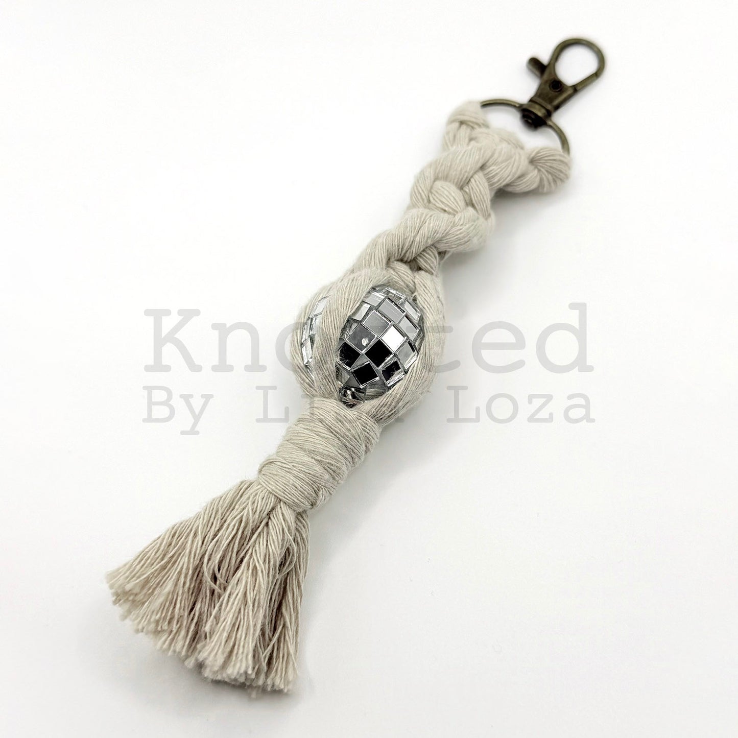 Cream macramé disco ball keychain by Knotted by Lisa Loza