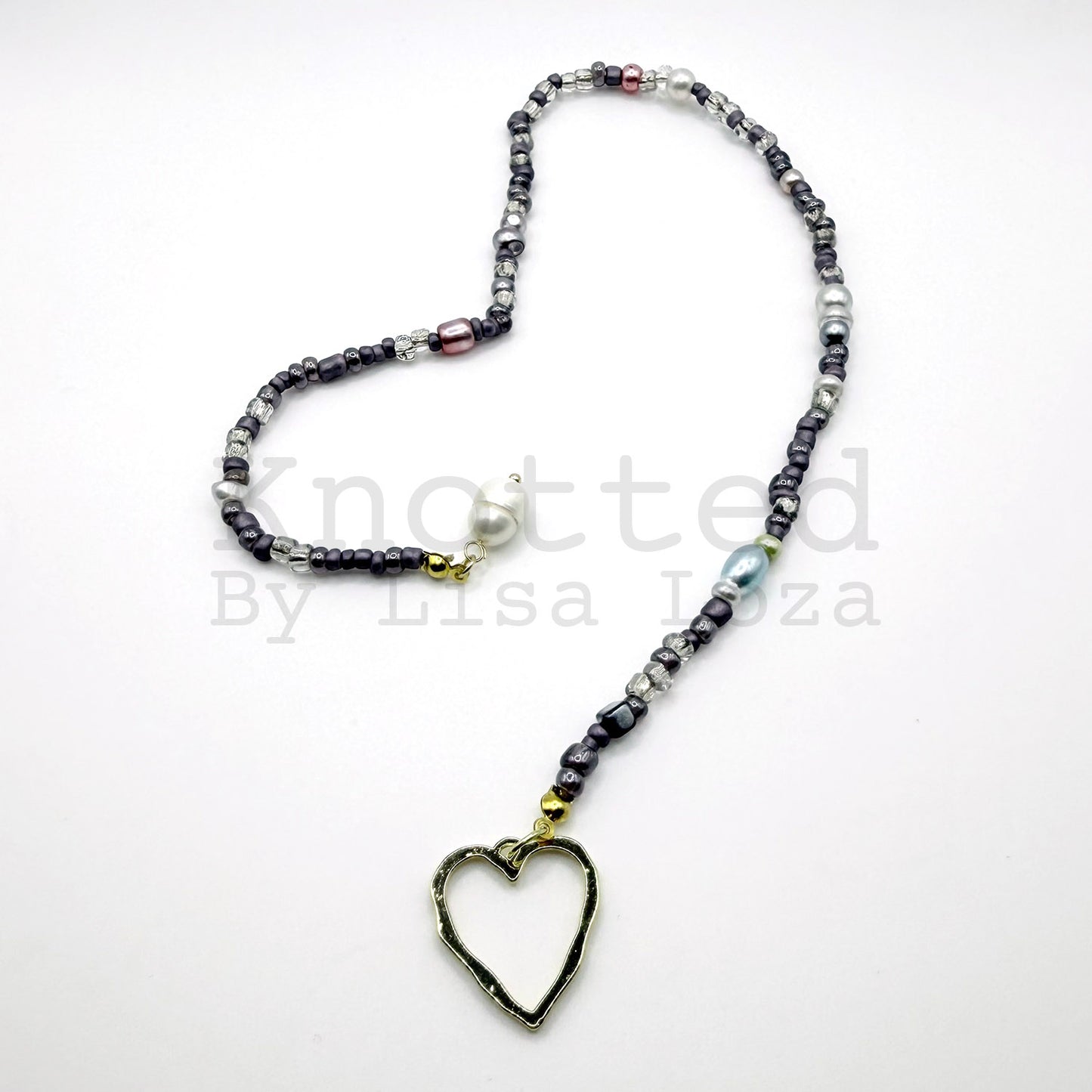 Gray beaded bookmark with heart and pearl charms by Knotted by Lisa Loza