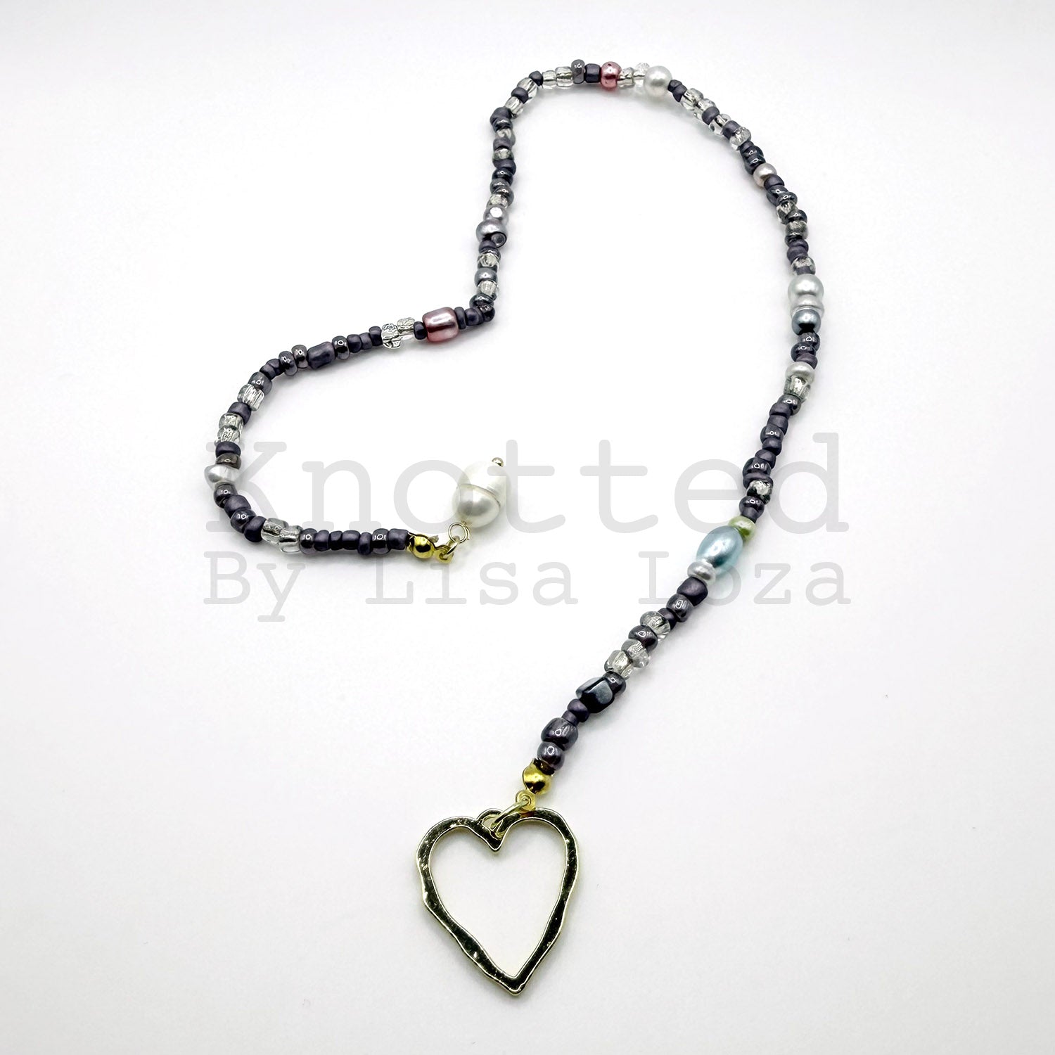 Gray beaded bookmark with heart and pearl charms by Knotted by Lisa Loza