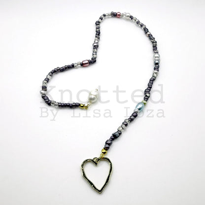 Gray beaded bookmark with heart and pearl charms by Knotted by Lisa Loza