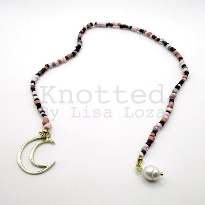 Pink beaded bookmark with crescent moon and pearl charms by Knotted by Lisa Loza