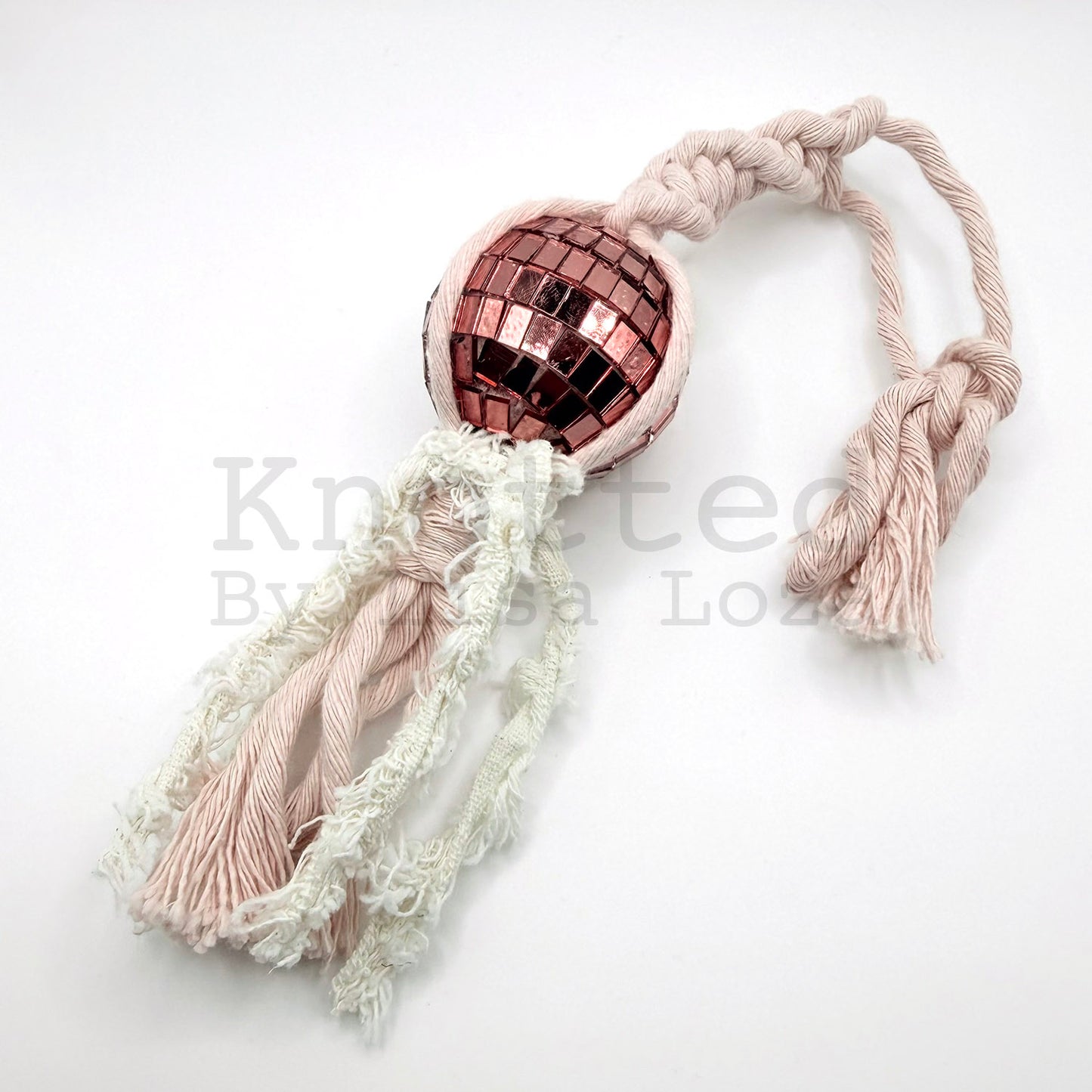 Pink and white macramé disco ball car charm by Knotted by Lisa Loza