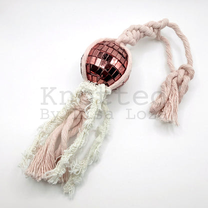 Pink and white macramé disco ball car charm by Knotted by Lisa Loza
