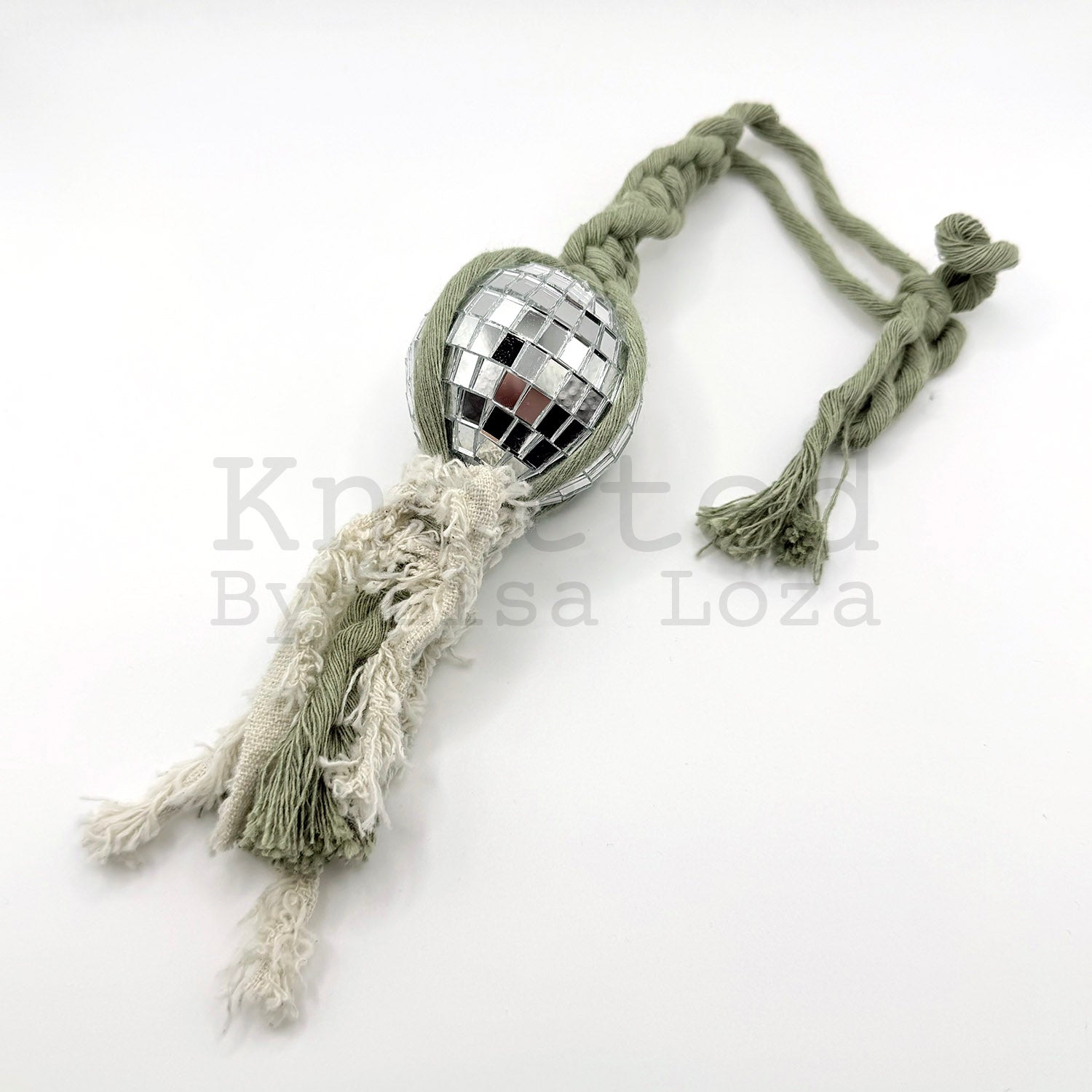 Sage and white macramé disco ball car charm by Knotted by Lisa Loza