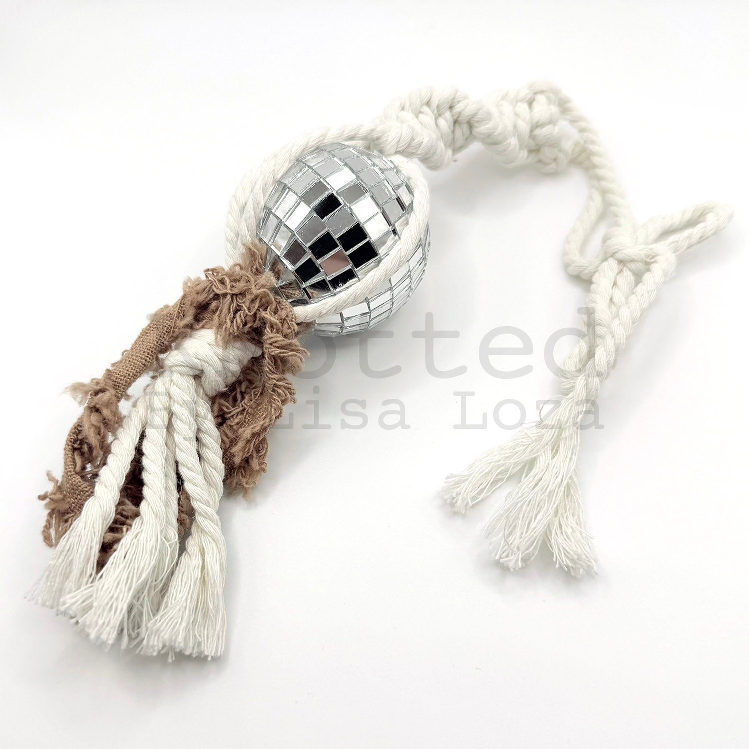 White and peach macramé disco ball car charm by Knotted by Lisa Loza