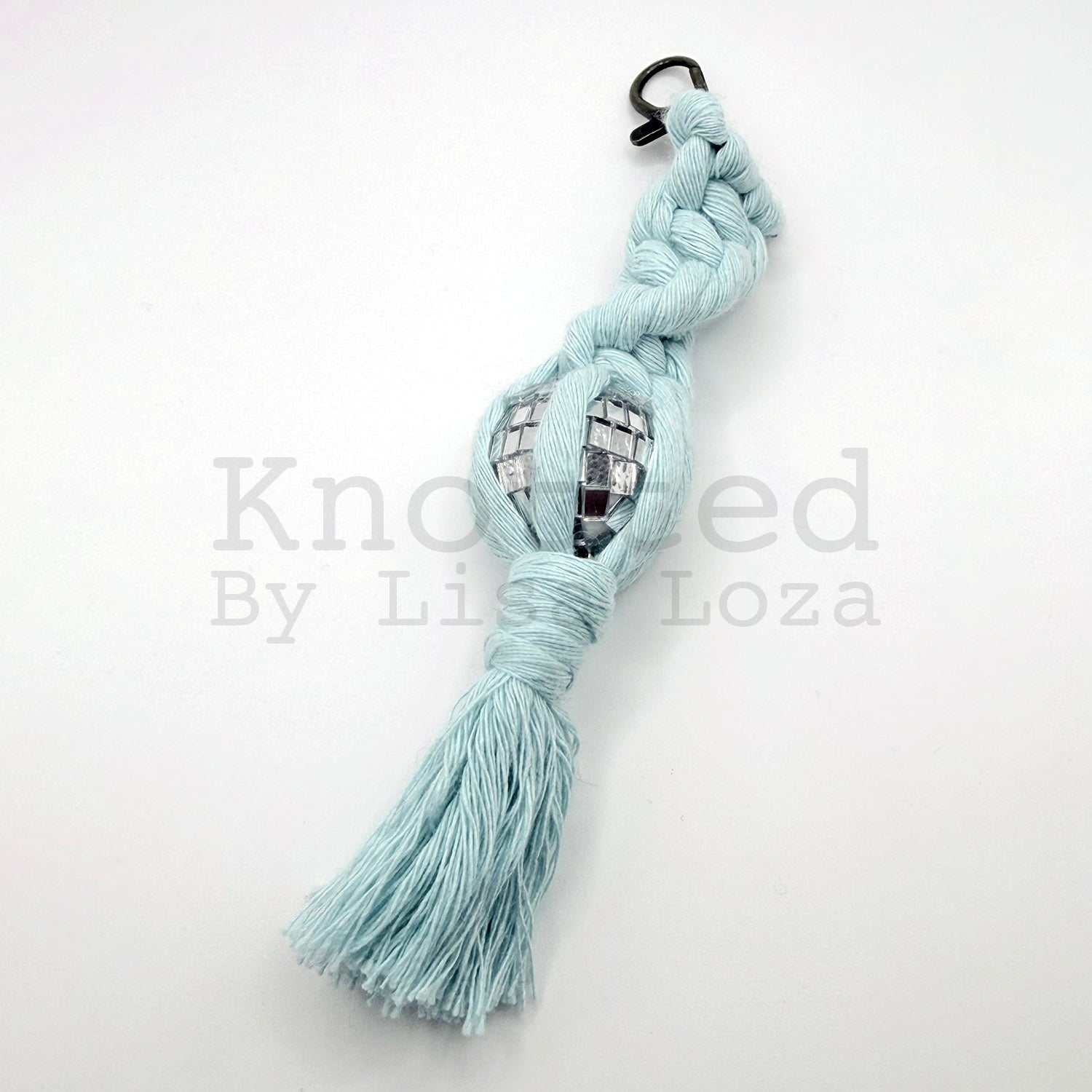Aqua macramé disco ball keychain by Knotted by Lisa Loza