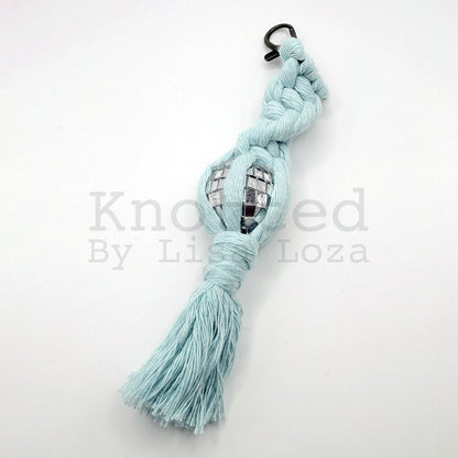 Aqua macramé disco ball keychain by Knotted by Lisa Loza