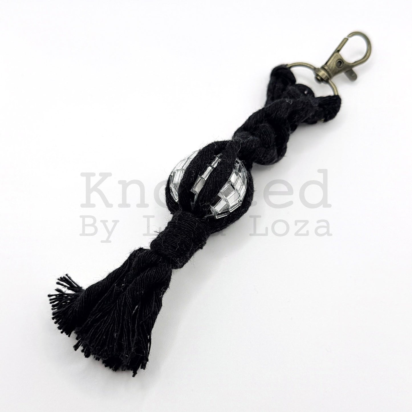 Black macramé disco ball keychain by Knotted by Lisa Loza