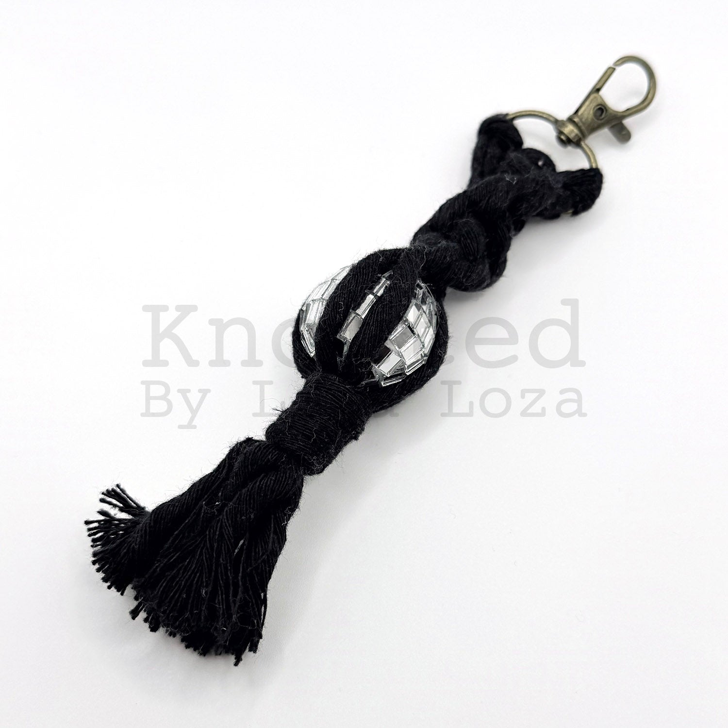 Black macramé disco ball keychain by Knotted by Lisa Loza