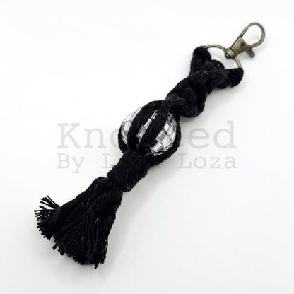 Black macramé disco ball keychain by Knotted by Lisa Loza