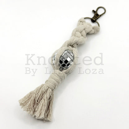 Cream macramé disco ball keychain by Knotted by Lisa Loza