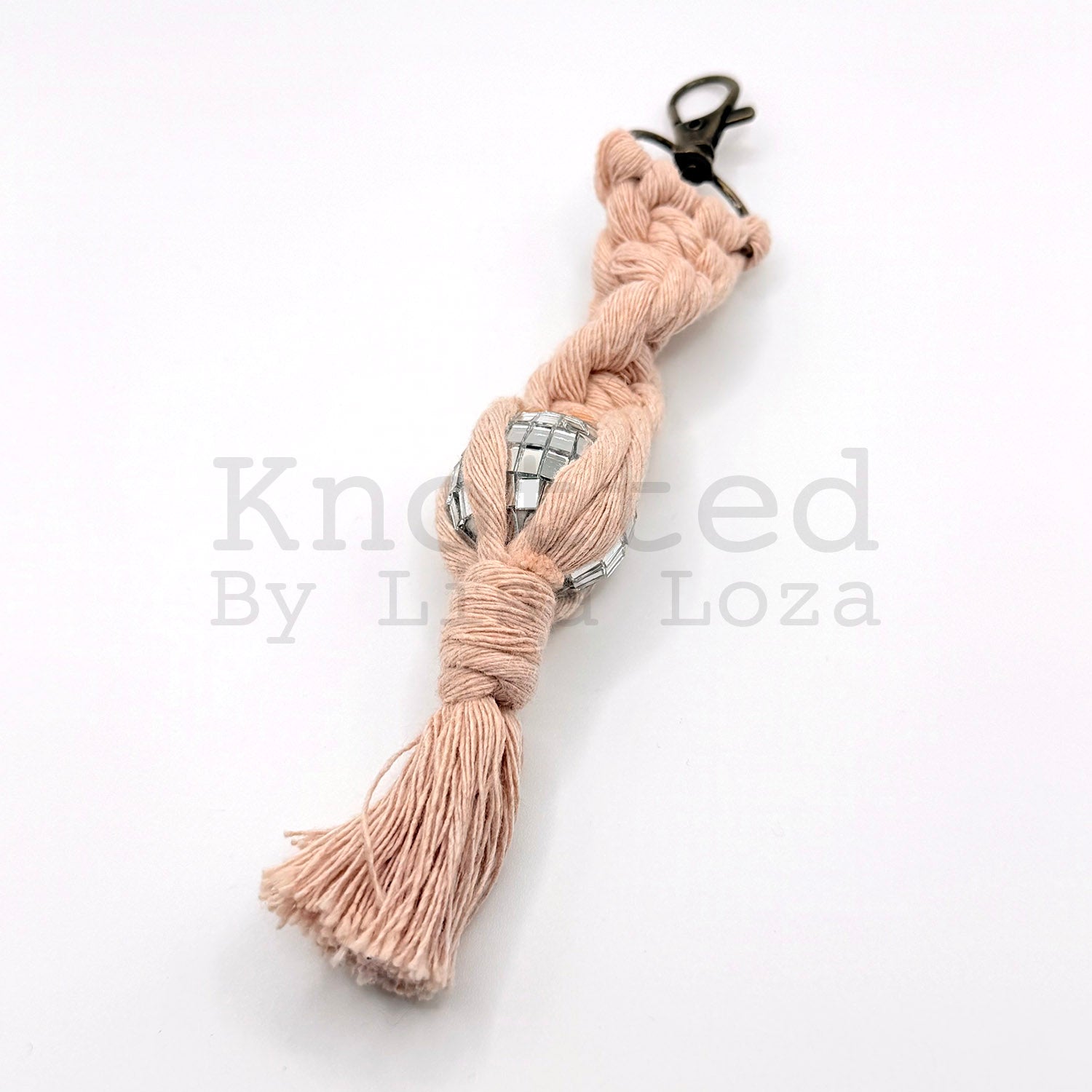 Peach macramé disco ball keychain by Knotted by Lisa Loza