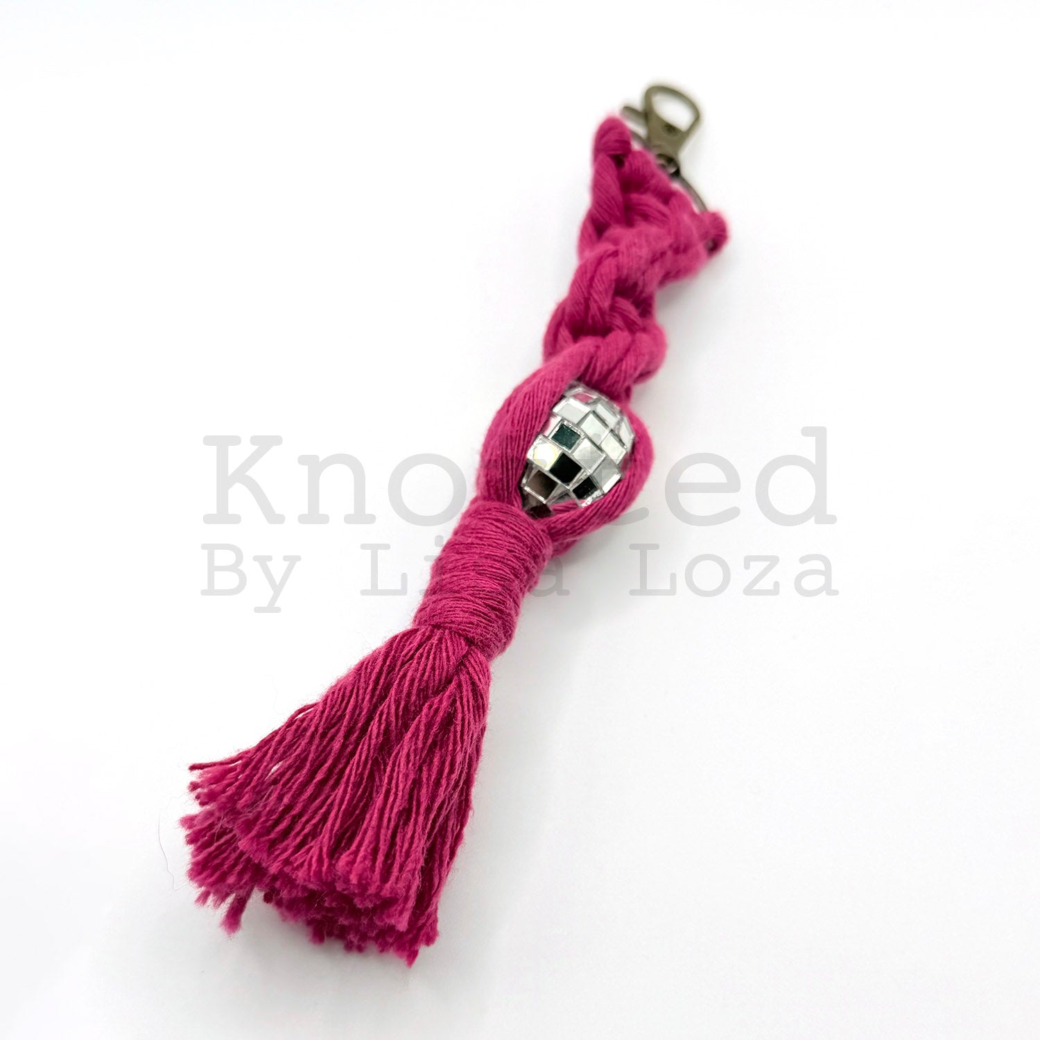 Pink macramé disco ball keychain by Knotted by Lisa Loza