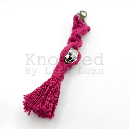 Pink macramé disco ball keychain by Knotted by Lisa Loza