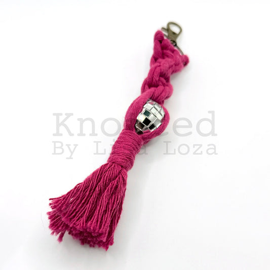 Pink macramé disco ball keychain by Knotted by Lisa Loza