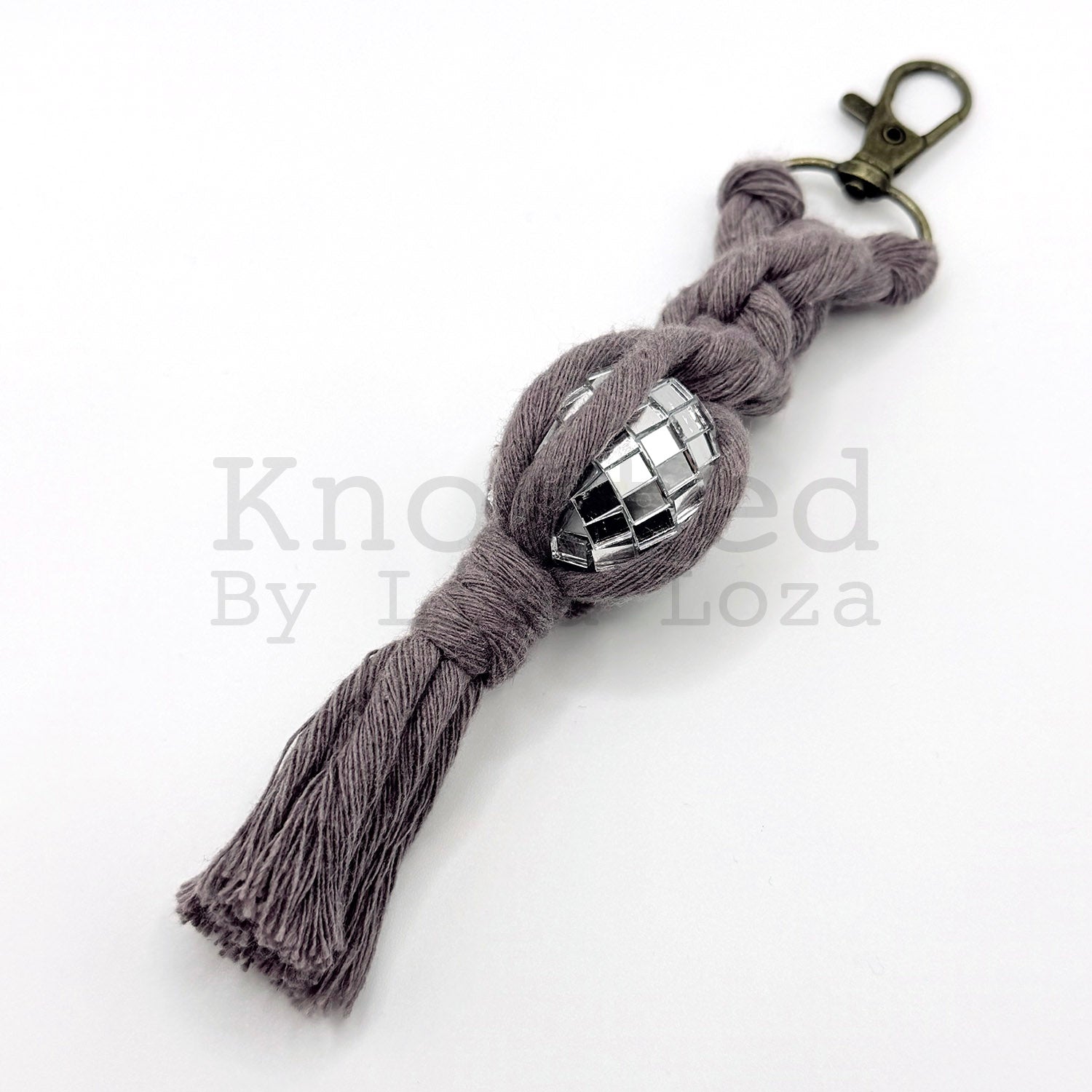 Purple macramé disco ball keychain by Knotted by Lisa Loza