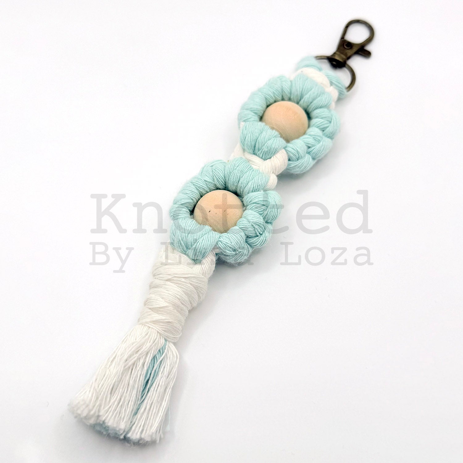 Aqua macramé flower keychain by Knotted by Lisa Loza