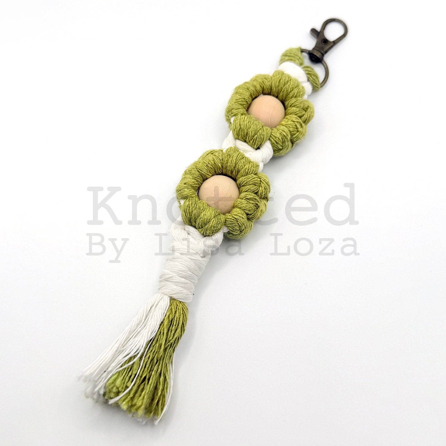 Lime green macramé flower keychain by Knotted by Lisa Loza