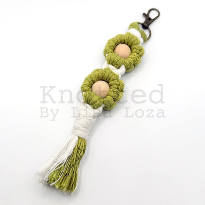 Lime green macramé flower keychain by Knotted by Lisa Loza