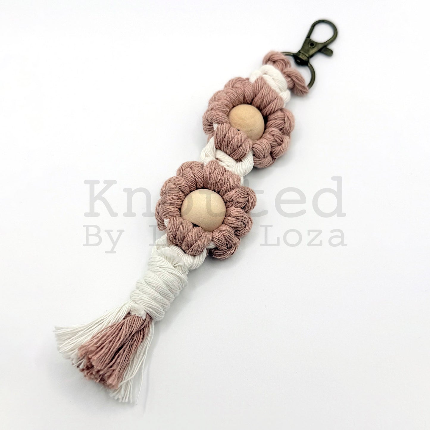 Peach macramé flower keychain by Knotted by Lisa Loza