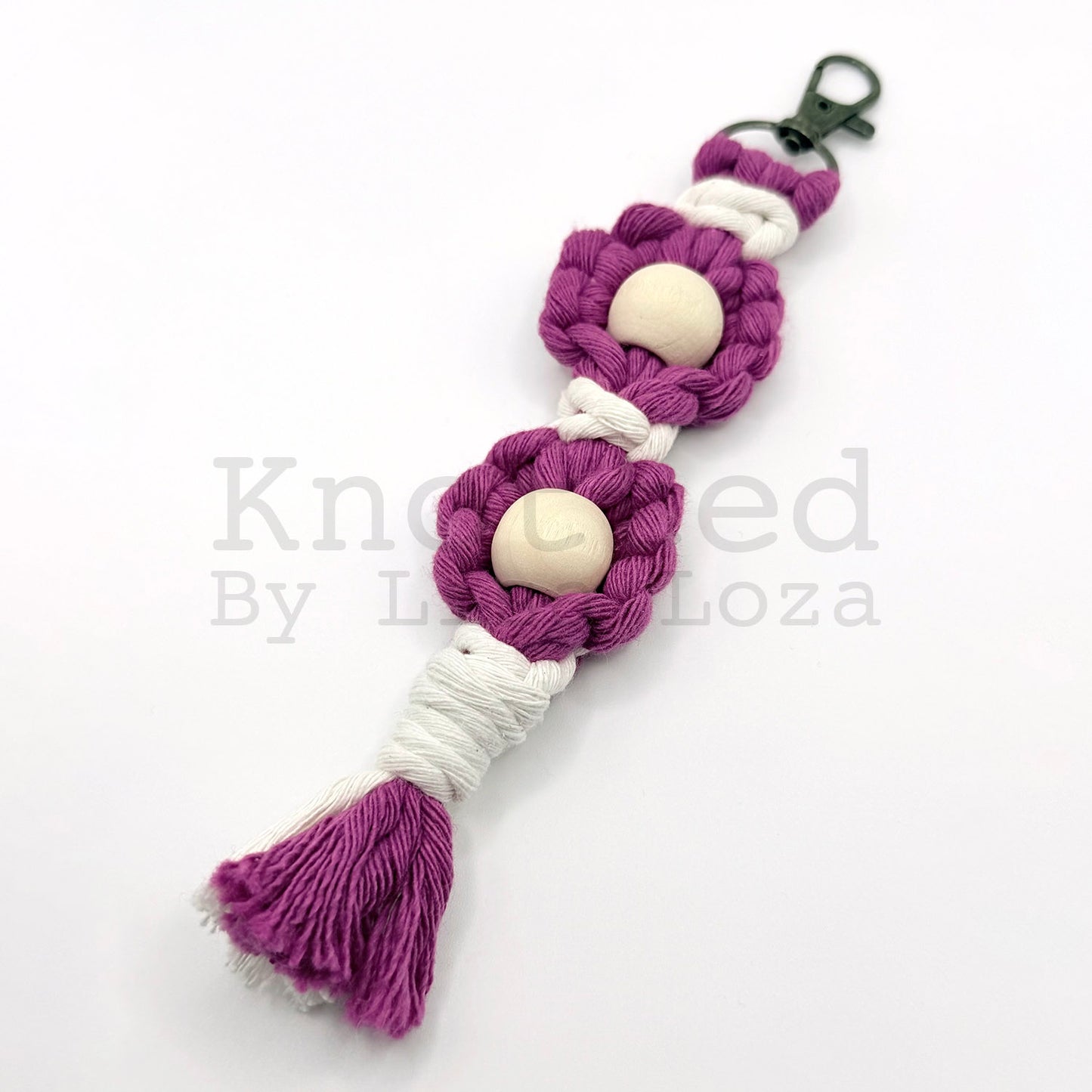 Pink macramé flower keychain by Knotted by Lisa Loza